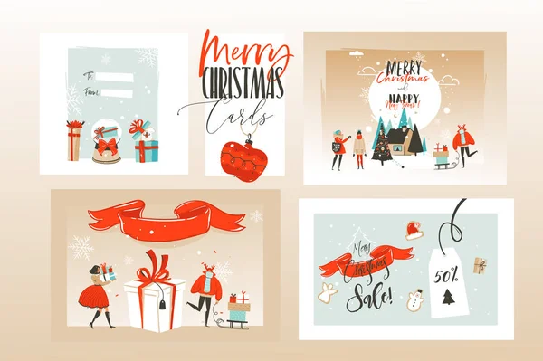 Handgezeichnete Vektor abstrakte Spaß frohe Weihnachten Cartoon Illustrationen Grußkarten Vorlage und Hintergründe große Sammlung Set mit Geschenkboxen, Menschen und Weihnachtskunst isoliert auf weißem Hintergrund — Stockvektor