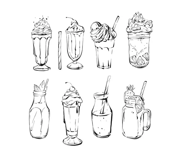 Dibujo dibujado a mano vector abstracto tinta gráfico cepillo texturizado dibujo gran colección conjunto con limonada, batido, café y bebidas de postre cócteles aislados sobre fondo blanco — Archivo Imágenes Vectoriales