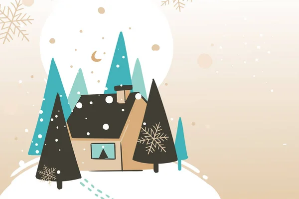 Mão desenhado vetor abstrato divertido Feliz Natal e Feliz Ano Novo cartoon ilustração cartão de saudação com paisagem de inverno e casa acolhedora na floresta isolada no fundo do ofício —  Vetores de Stock