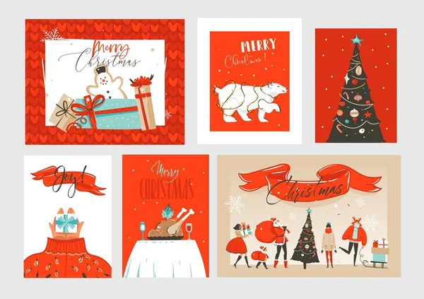 Mão desenhado vetor abstrato divertido Feliz Natal desenhos animados ilustrações cartões de saudação e fundos coleção definida com caixas de presente, árvore de Natal e caligrafia isolada no fundo do ofício — Vetor de Stock