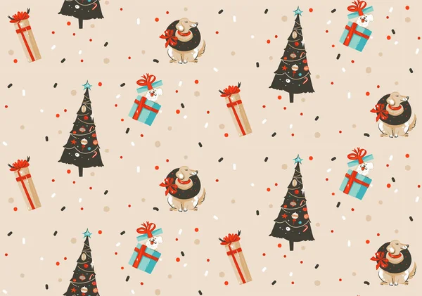 Vetor desenhado à mão diversão abstrata Feliz Natal e Feliz Ano Novo cartoon padrão sem emenda festivo rústico com ilustrações fofas de árvore de Natal e cães isolados em fundo pastel —  Vetores de Stock