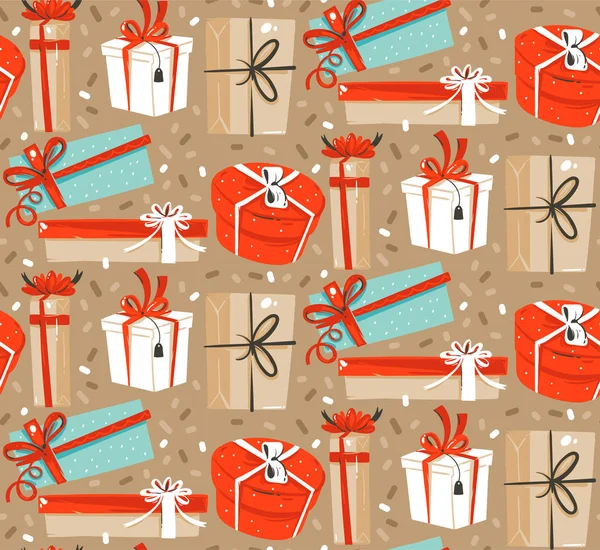 Ручной рисовать векторные абстрактные весело Веселое Рождество и счастливого Нового года мультфильм деревенский праздничный бесшовный шаблон с милой иллюстрацией сюрприз подарочные коробки и конфетти изолированы на пастельном фоне — стоковый вектор
