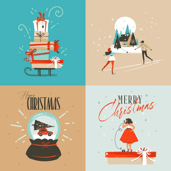 Diversión abstracta vectorial dibujada a mano Feliz Navidad y Feliz Año Nuevo ilustración de dibujos animados tarjeta de felicitación con cajas de regalo sorpresa de Navidad, niña y Feliz Navidad texto aislado sobre fondo de color — Vector de stock