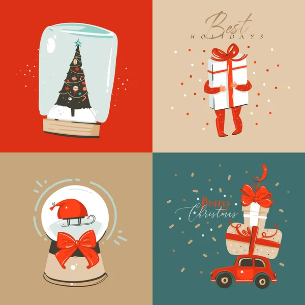 Diversión abstracta vectorial dibujada a mano Feliz Navidad y Feliz Año Nuevo ilustración de dibujos animados tarjeta de felicitación con cajas de regalo sorpresa de Navidad, niño y Feliz Navidad texto aislado sobre fondo de color — Vector de stock