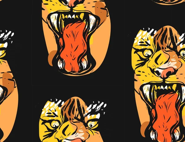 Disegno grafico astratto vettoriale disegnato a mano modello senza soluzione di continuità di rabbia faccia di tigre in colori arancioni isolati su sfondo nero.Illustrazione di collage esotico fatto a mano. . — Vettoriale Stock