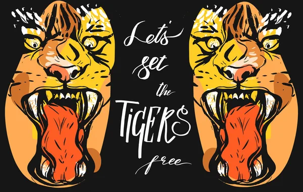 Hand dras abstrakt vektorgrafik ritning av ilska tigrar ansikten i orange färger isolerad på svart bakgrund med handskrivna kalligrafi citat låter uppsättning tigrarna gratis. Djurens rättigheter koncept — Stock vektor