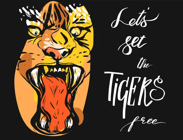 Hand dras vektor abstrakt grafisk ritning av tiger ansikte i orange färger isolerad på svart bakgrund med handskriven kalligrafi citat Låt oss ställa tigrar gratis — Stock vektor