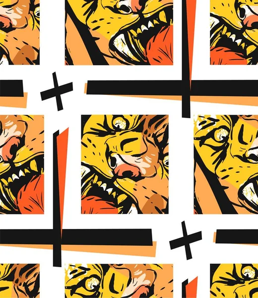 Handen ritade abstrakt vektorgrafik ritning sömlösa mönster av ilska tiger ansikte i orange färger isolerad på vit bakgrund. Handgjorda exotiska skiss collage illustration. Vilda själ begreppsmässigt — Stock vektor