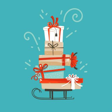 Elle çizilmiş vektör soyut eğlenceli neşeli Noel ve mutlu yeni yıl zaman çizgi film illüstrasyon tebrik kartı ile xmas hediye kutuları üzerinde mavi arka plan izole sürpriz