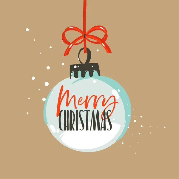 Χέρι διανυσματικά αφηρημένη διασκέδαση καλά Χριστούγεννα και Ευτυχισμένο το νέο έτος χρόνου καρτούν εικονογράφηση ευχετήρια κάρτα με γυάλινη σφαίρα με χιόνι Χριστούγεννα και καλά Χριστούγεννα κείμενο απομονώνονται σε σκάφη φόντο — Διανυσματικό Αρχείο