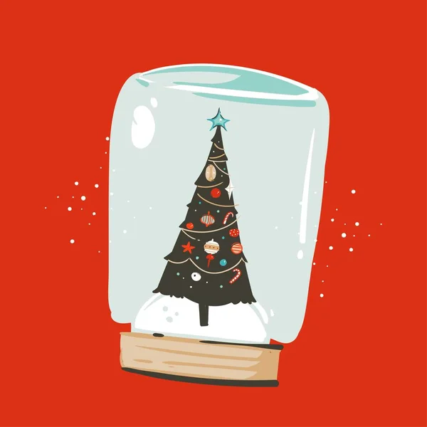 Mão desenhado vetor abstrato divertido Feliz Natal e Feliz Ano Novo cartoon ilustração cartão com árvore de xmas na esfera de vidro de neve isolado no fundo vermelho —  Vetores de Stock