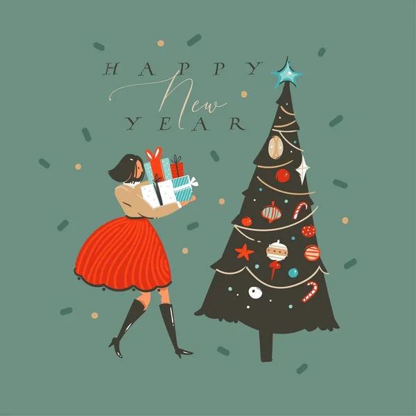 Mão desenhado vetor abstrato divertido Feliz Natal e Feliz Ano Novo cartoon ilustração cartão de saudação com xmas árvore decorada e menina com presentes isolados no fundo verde —  Vetores de Stock