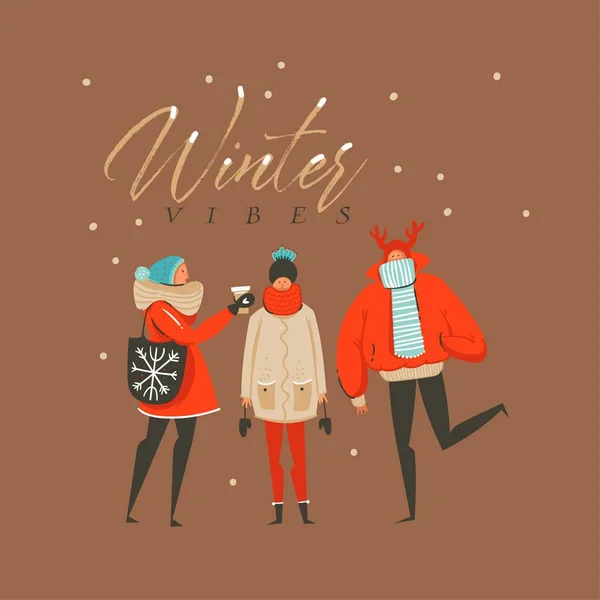 Handgezeichnet Vektor abstrakte Spaß frohe Weihnachten und ein gutes neues Jahr Zeit Cartoon Illustration Grußkarte mit Freunden Charaktere und Winter Vibes Text isoliert auf braunem Hintergrund — Stockvektor