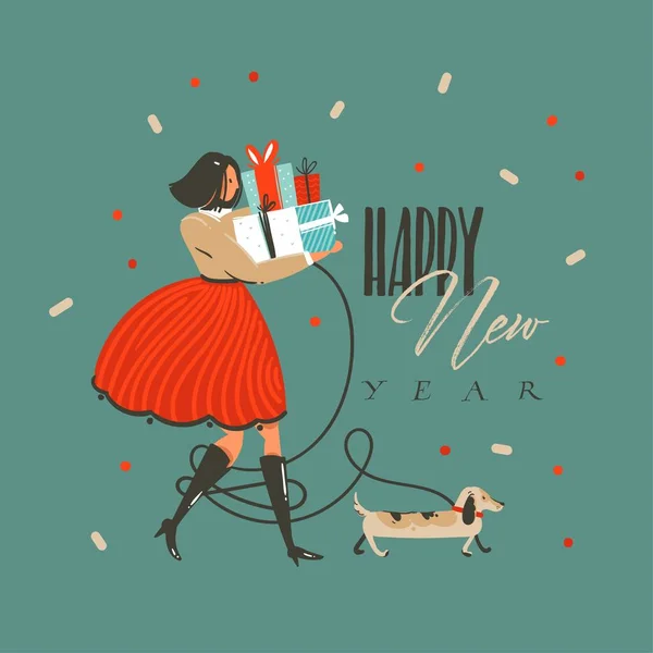 Ručně kreslenou vektorové abstraktní zábavu Veselé Vánoce a šťastný nový rok čas kreslený obrázek blahopřání s funny pes, dívka s dárky a šťastný nový rok text izolované na zeleném pozadí — Stockový vektor