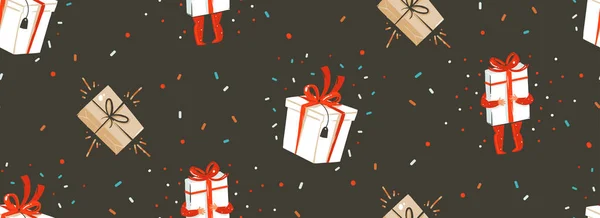 Dibujado a mano vector abstracto Feliz Navidad y Feliz Año Nuevo dibujos animados patrón nórdico sin costuras con ilustración linda de cajas de regalo sorpresa y niños personajes aislados sobre fondo negro — Vector de stock