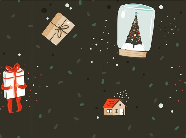 Dibujado a mano vector abstracto Feliz Navidad y Feliz Año Nuevo dibujos animados patrón nórdico sin costuras con ilustración linda de cajas de regalo sorpresa y niños personajes aislados sobre fondo negro — Vector de stock