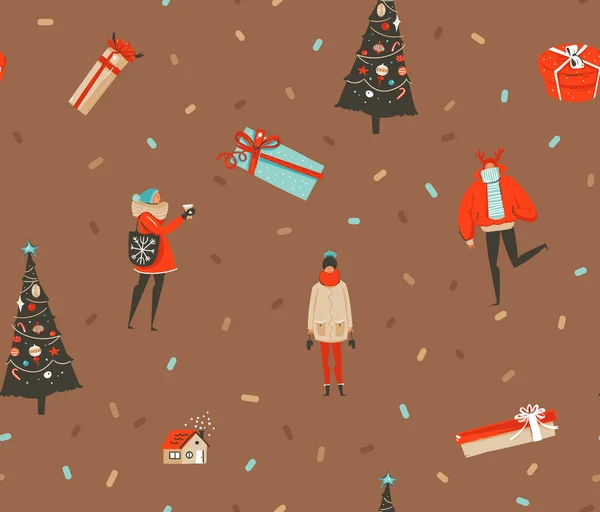 Hand dras vektor abstrakt kul god jul och gott nytt år tid tecknad rustika festliga sömlösa mönster med söta illustrationer av Xmas människor och gåva lådor isolerad på brun bakgrund — Stock vektor