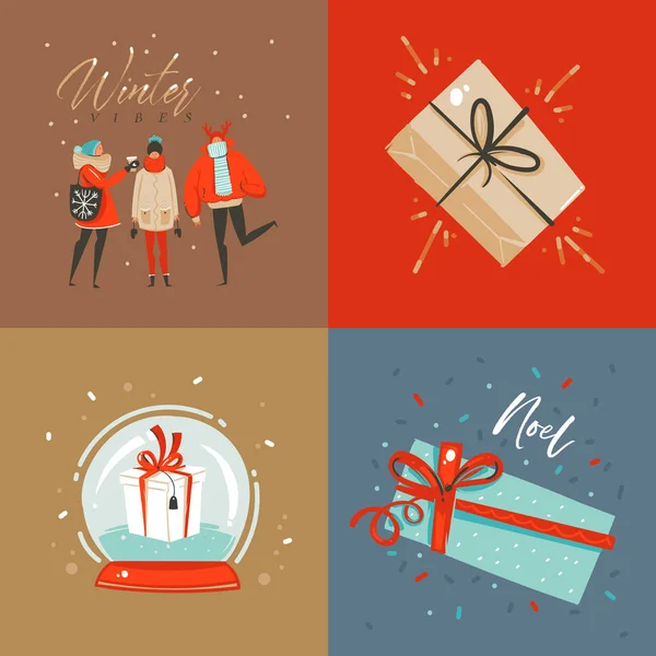 Diversión abstracta vectorial dibujada a mano Feliz Navidad y Feliz Año Nuevo ilustración de dibujos animados tarjeta de felicitación con cajas de regalo sorpresa de Navidad, personas y texto de Feliz Navidad aislados en el fondo de color — Vector de stock