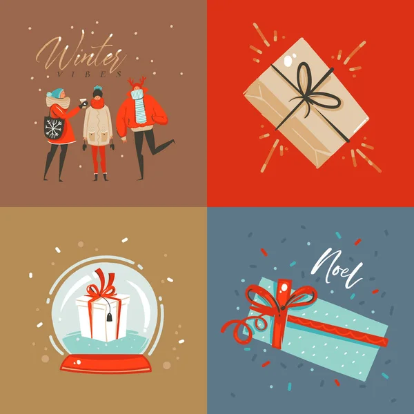 Hand getekend vector abstracte leuk vrolijk kerstfeest en gelukkig Nieuwjaar tijd cartoon afbeelding wenskaart met xmas verrassing geschenkdozen, mensen en Merry Christmas tekst geïsoleerd op gekleurde achtergrond — Stockvector