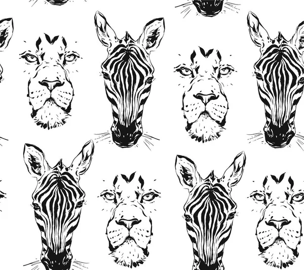 Dibujo gráfico texturizado de tinta artística abstracta vectorial dibujado a mano ilustraciones de dibujo patrón sin costura de la vida silvestre safari africano cebra y cabeza de león aislado sobre fondo blanco — Vector de stock