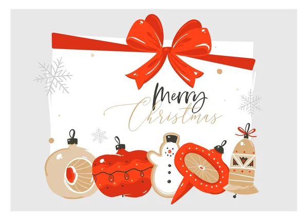 Χέρι συρμένο διάνυσμα αφηρημένο καλά Χριστούγεννα και Ευτυχισμένο το νέο έτος χρόνου καρτούν εικονογράφηση ευχετήρια κάρτα με ρετρό vintage xmas δέντρο μπιχλιμπίδι παιχνίδια και καλά Χριστούγεννα κείμενο που απομονώνονται σε λευκό φόντο — Διανυσματικό Αρχείο