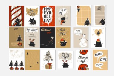 Elle çizilmiş vektör soyut neşeli Noel ve mutlu yeni yıl zaman çizgi film illüstrasyon tebrik kartları toplama xmas kedilerle ayarla ve beyaz arka plan üzerinde izole Noel hat tırnak işaretleri metin