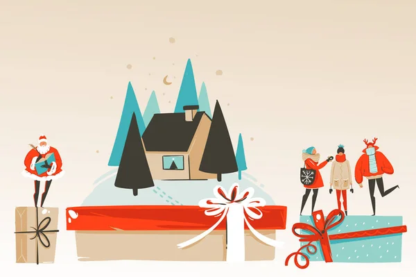 Hand getekend vector abstracte leuk vrolijk kerstfeest en gelukkig Nieuwjaar tijd cartoon afbeelding wenskaart met xmas familie, huis en Santa Claus geïsoleerd op ambachtelijke achtergrond — Stockvector
