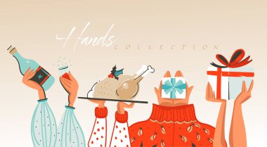 Elle çizilmiş vektör soyut neşeli Noel ve mutlu yeni yıl karikatür resimler koleksiyonu tebrik beyaz arka plan üzerinde izole elleriyle kutlama ile ayarla