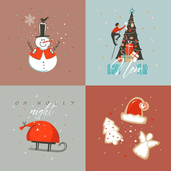 手描きの背景抽象メリー クリスマスと幸せな新年漫画の雪だるま、クリスマス ツリーと人々、色付きの背景上に分離されてメリー クリスマス本文設定図グリーティング カード コレクション — ストックベクタ