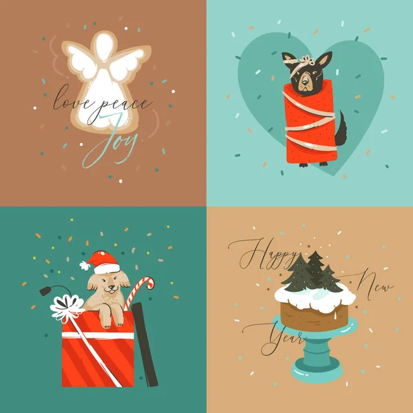Χέρι συρμένο διάνυσμα αφηρημένο καλά Χριστούγεννα και Ευτυχισμένο το νέο έτος καρτούν εικονογράφηση συλλογή ευχετήριων καρτών με σκυλιά, Χριστούγεννα κέικ και καλά Χριστούγεννα κείμενο που απομονώνονται σε έγχρωμο φόντο — Διανυσματικό Αρχείο