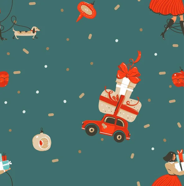 Χέρι συρμένο διάνυσμα αφηρημένη διασκέδαση καλά Χριστούγεννα και Ευτυχισμένο το νέο έτος φορά κινουμένων σχεδίων ρουστίκ εορταστική χωρίς ραφή πρότυπο με χαριτωμένο απεικονίσεις των πλαισίων άτομα και δώρο Χριστούγεννα που απομονώνονται σε πράσινο φόντο — Διανυσματικό Αρχείο
