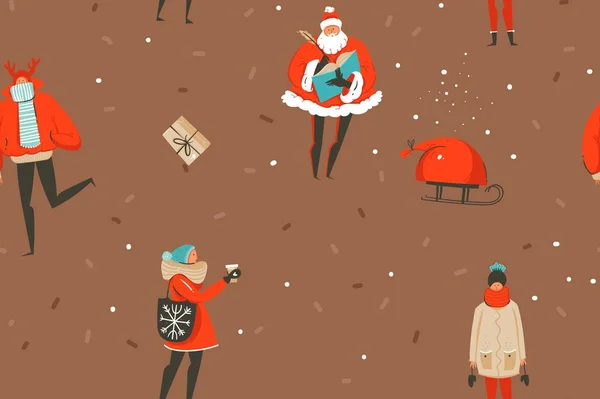 Χέρι συρμένο διάνυσμα αφηρημένη διασκέδαση καλά Χριστούγεννα και Ευτυχισμένο το νέο έτος φορά κινουμένων σχεδίων ρουστίκ εορταστική χωρίς ραφή πρότυπο με χαριτωμένο απεικονίσεις των πλαισίων άτομα και δώρο Χριστούγεννα που απομονώνονται σε καφέ φόντο — Διανυσματικό Αρχείο