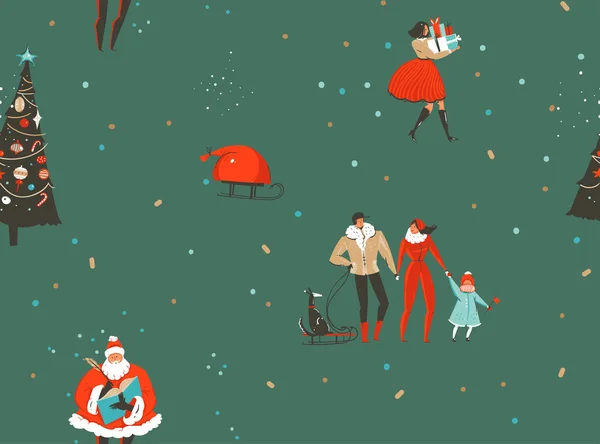 Το χέρι συντάσσονται διάνυσμα αφηρημένη διασκέδαση καλά Χριστούγεννα και Ευτυχισμένο το νέο έτος φορά κινουμένων σχεδίων ρουστίκ Σκανδιναβική χωρίς ραφή πρότυπο με χαριτωμένο απεικονίσεις των ανθρώπων Χριστούγεννα και Santa Claus απομονώνονται σε πράσινο φόντο — Διανυσματικό Αρχείο