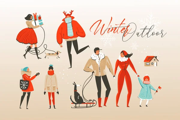 Dibujado a mano vector abstracto Feliz Navidad y Feliz Año Nuevo ilustraciones de dibujos animados colección de saludo conjunto con el invierno al aire libre celebrando personajes de personas aisladas sobre fondo blanco — Archivo Imágenes Vectoriales