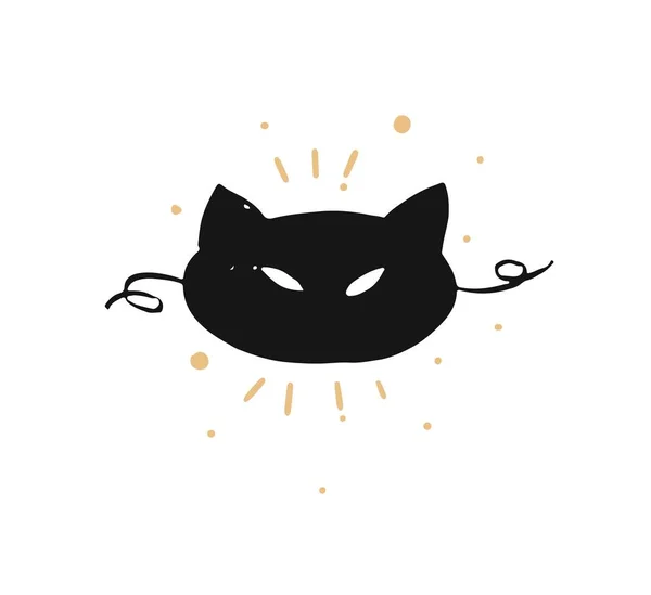 Dessiné à la main vecteur abstrait amusant Joyeux Noël temps dessin animé gribouille rustique icône d'illustration festive avec vacances mignonne masque de chat noir isolé sur fond blanc — Image vectorielle