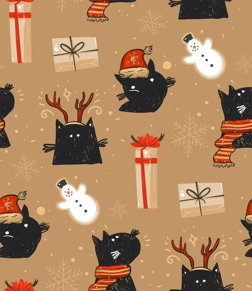 Mão desenhado vetor abstrato divertido Feliz Natal cartoon tempo rústico padrão sem costura festiva com ilustrações bonitos de férias gatos pretos e caixas de presente surpresa isolados no fundo marrom —  Vetores de Stock