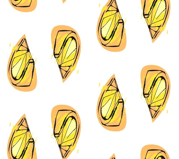 Ручной рисунок вектора абстрактный необычный летний бесшовный узор с лимонным ломтиком и свободной текстурой на белом фоне — стоковый вектор