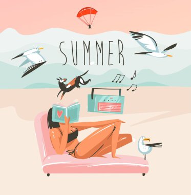 Elle çizilmiş vektör karikatür yaz saati grafik çizimler şablon arka plan sanat okyanus plaj manzara, pembe günbatımı, okuma kız ve köpek ile yaz tipografi metin
