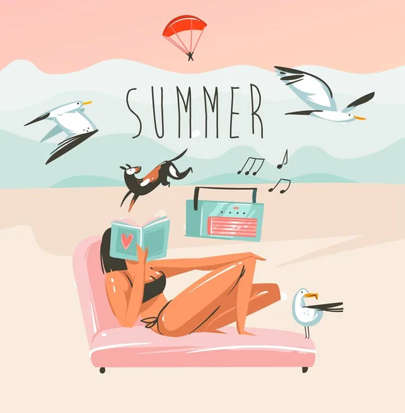 Dibujado a mano vector abstracto de dibujos animados hora de verano ilustraciones gráficas plantilla de arte de fondo con el paisaje de la playa del océano, rosa puesta de sol, lectura niña y perro con texto tipografía de verano — Vector de stock