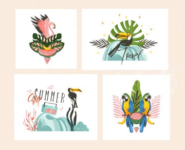 Çizilmiş vektör grafik karikatür yaz saati düz illüstrasyonlar kartları şablon koleksiyonu beach, palmiye ağacı ve beyaz arka plan üzerinde izole tropikal kuşlar ile oluşturulmuş el