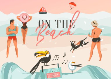 Elle çizilmiş vektör karikatür yaz saati grafik çizimler şablon arka plan sanat okyanus plaj manzara, pembe günbatımı, çocuklar ve kızlar ve On The Beach tipografi metin