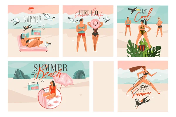 Mão desenhado vetor abstrato gráfico cartoon verão tempo plana ilustrações cartões modelo coleção conjunto com pessoas da praia, por do sol e pássaros tropicais isolados no fundo branco — Vetor de Stock