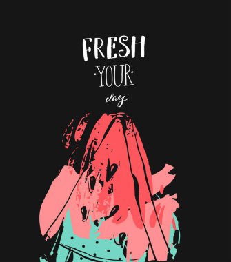 Elle çizilmiş vektör soyut freehand dokulu eğlenceli karpuz kartı şablonu modern el yazısı hat alıntı taze Your siyah arka plan üzerine izole gün ile