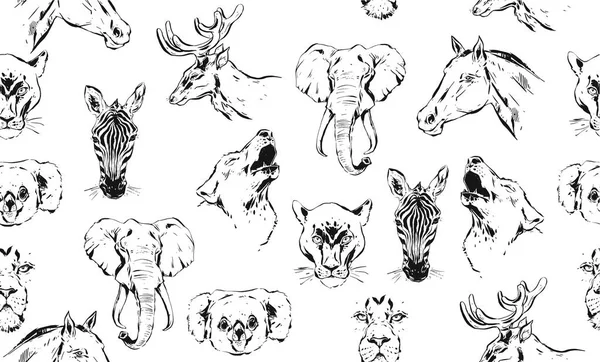 Dibujo gráfico texturizado de tinta artística abstracta vectorial dibujado a mano ilustraciones patrón sin costura de animales salvajes cebra, león, puma, lobo, caballo y ciervos cabezas aisladas sobre fondo blanco — Archivo Imágenes Vectoriales