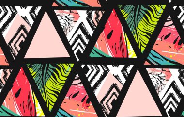 El çizilmiş vektör soyut alışılmadık yaz saati dekorasyon kolaj seamless modeli ile karpuz, Aztek ve tropikal hurma izole motifi bırakır.