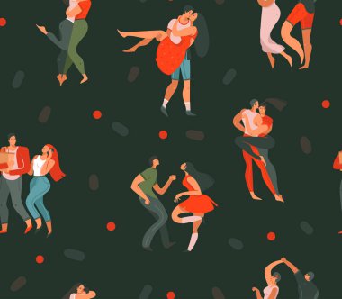 İllüstrasyonlar sanat seamless modeli dans ile birlikte siyah renk arka plan üzerinde izole insanlar çiftler çizilmiş vektör karikatür modern grafik mutlu Valentines gün konsept el
