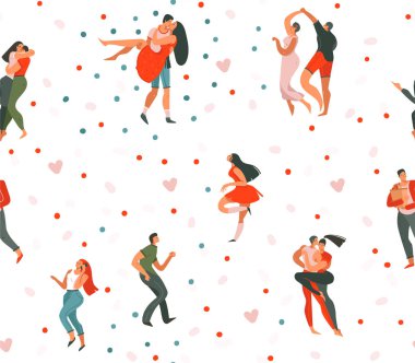 El illüstrasyonlar sanat seamless modeli dans ile birlikte insanlar çiftler çizilmiş vektör karikatür modern mutlu Valentines gün kavramı ve beyaz arka plan üzerinde izole kalp