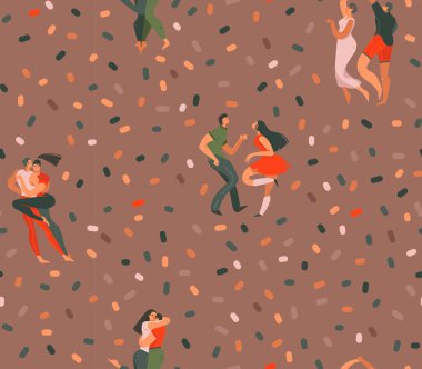 İllüstrasyonlar sanat seamless modeli dans ile birlikte izole kahverengi renk arka plan üzerinde insanlar çiftler çizilmiş vektör karikatür modern grafik mutlu Valentines gün konsept el