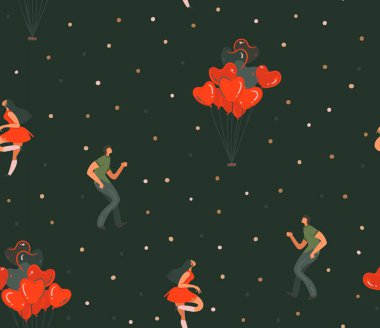 İllüstrasyonlar sanat seamless modeli dans ile birlikte siyah renk arka plan üzerinde izole insanlar çiftler çizilmiş vektör karikatür modern grafik mutlu Valentines gün konsept el