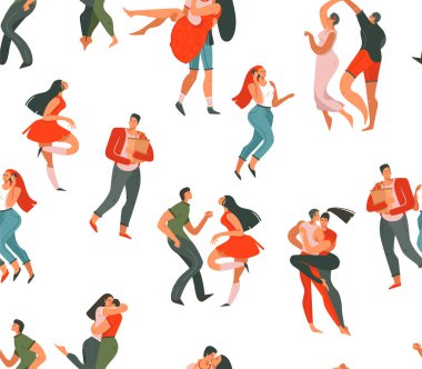 İllüstrasyonlar sanat seamless modeli dans ile birlikte beyaz arka plan üzerinde izole insanlar çiftler çizilmiş vektör karikatür modern grafik mutlu Valentines gün konsept el